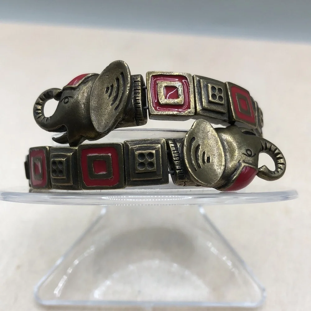 Vintage elephant memory coil brass and enamel bracelet small wrist 6.5